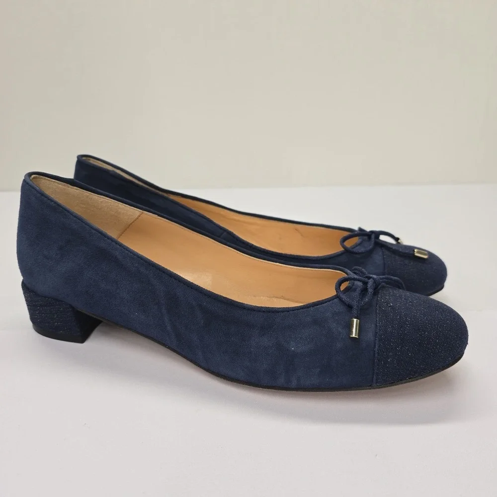 Andre Assous Navy Blue Suede‎ Cap Toe Ballet Pumps Spanish Leather Block Heel 41